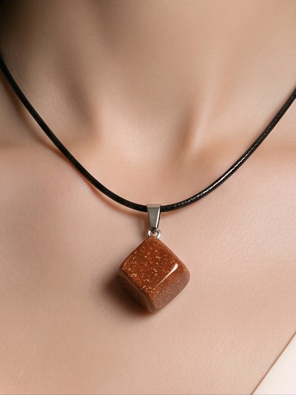 Brown Goldstone Necklace Sparkling Copper Glass Geometric Pendant Black Cord New
